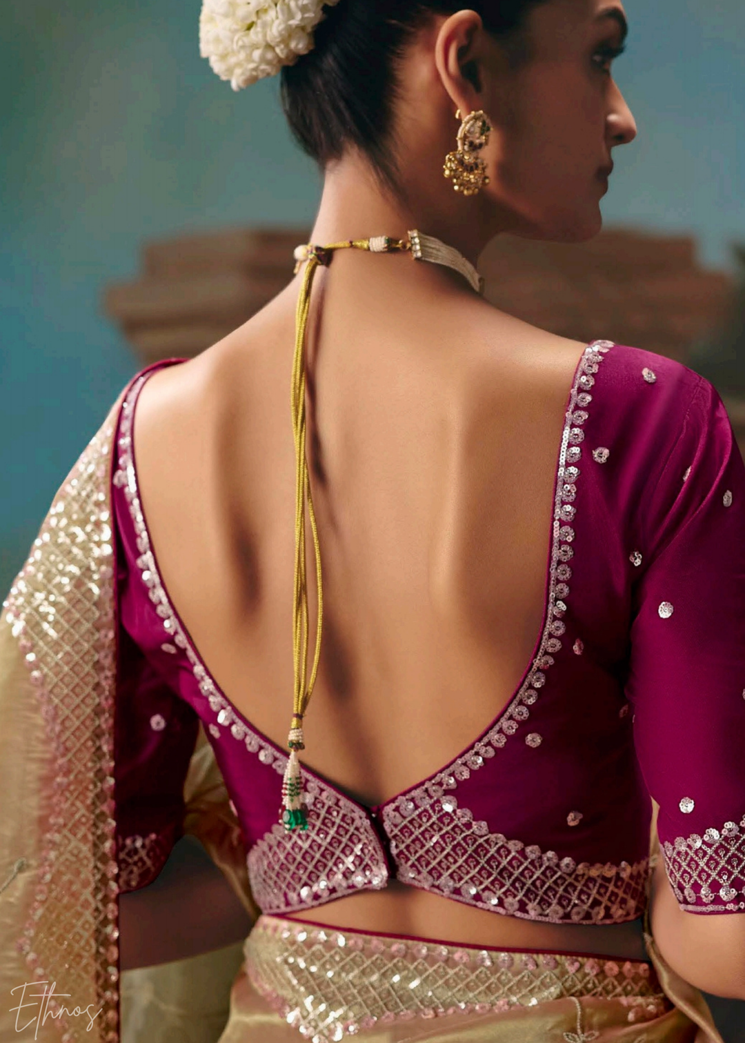 Shaded Green Sequins Organza Saree