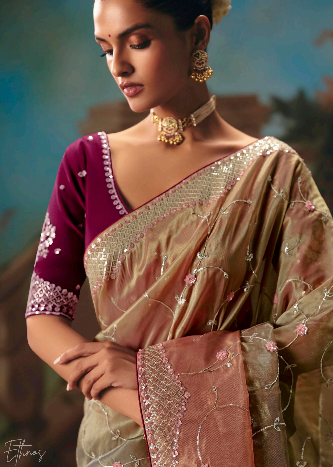 Shaded Green Sequins Organza Saree