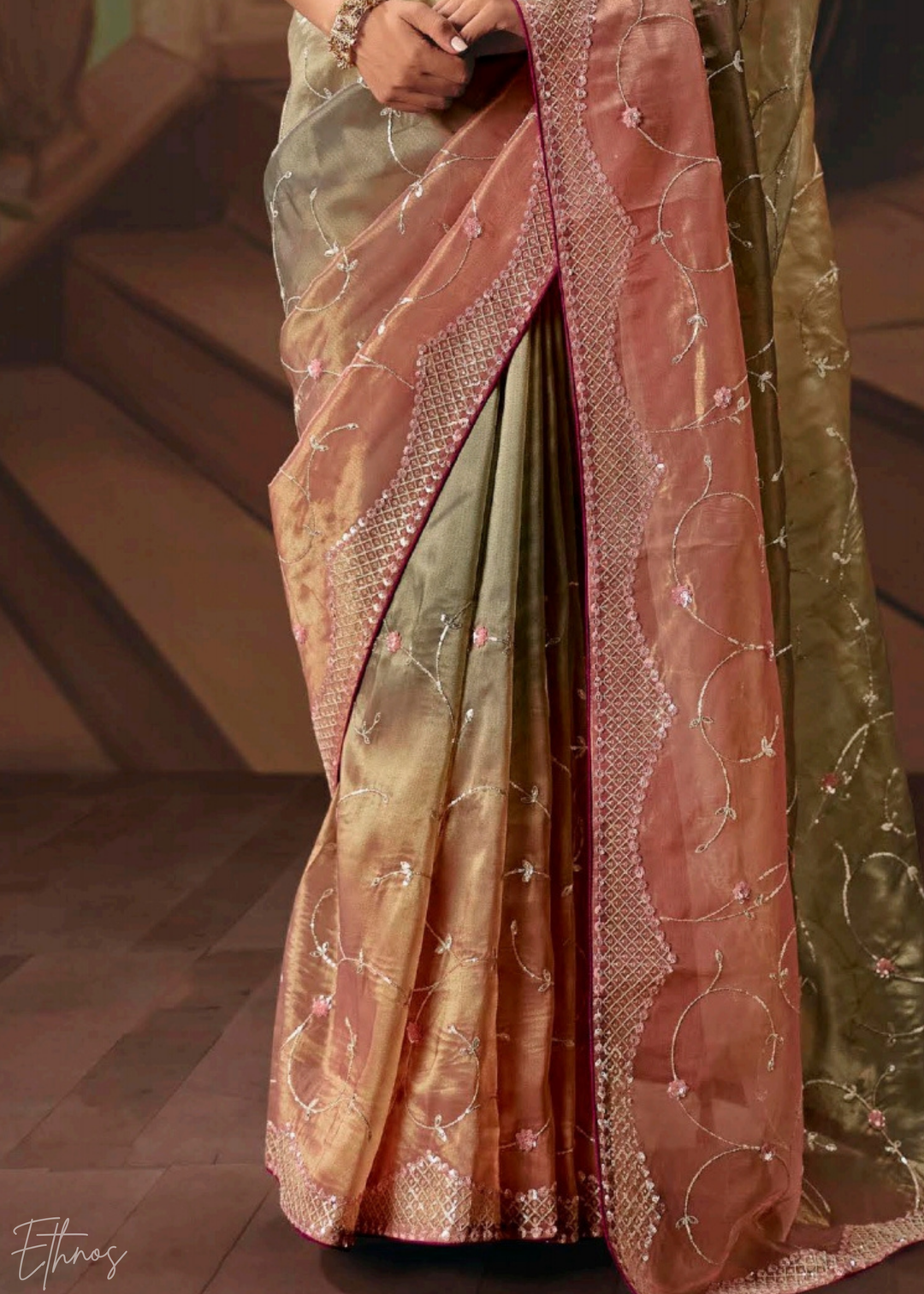 Shaded Green Sequins Organza Saree