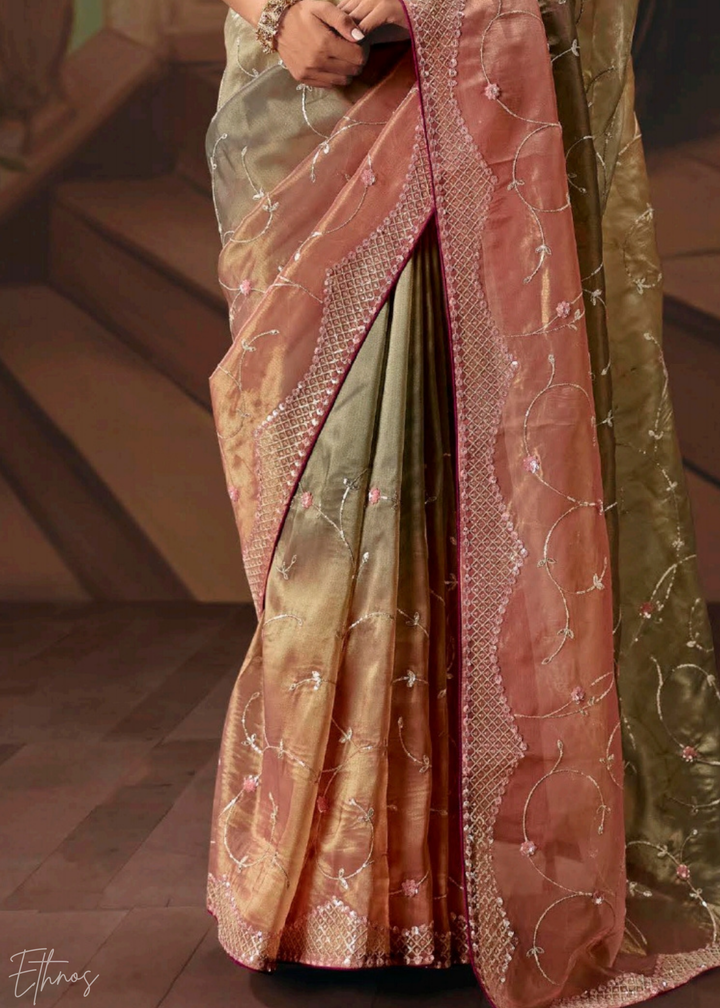 Shaded Green Sequins Organza Saree