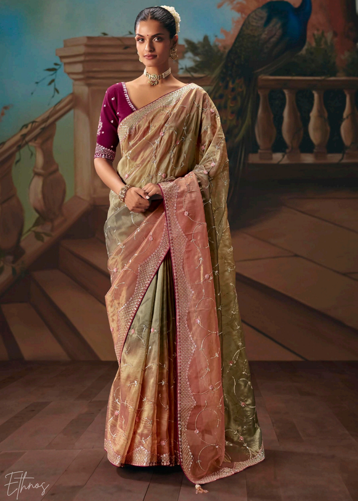 Shaded Green Sequins Organza Saree