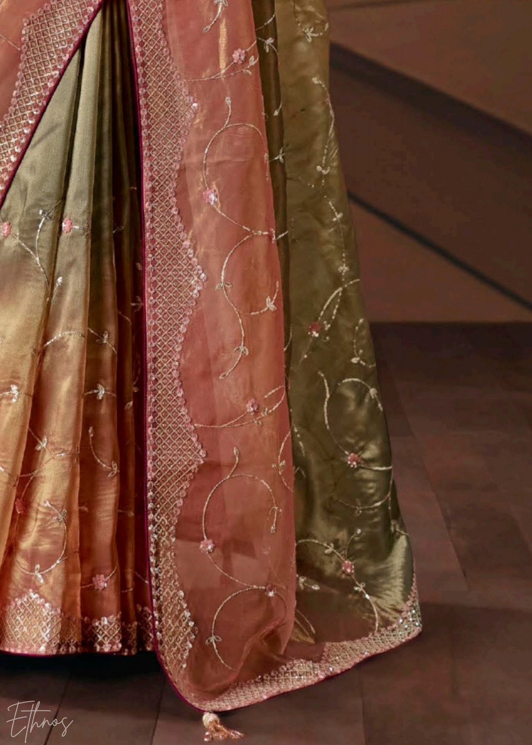 Shaded Green Sequins Organza Saree