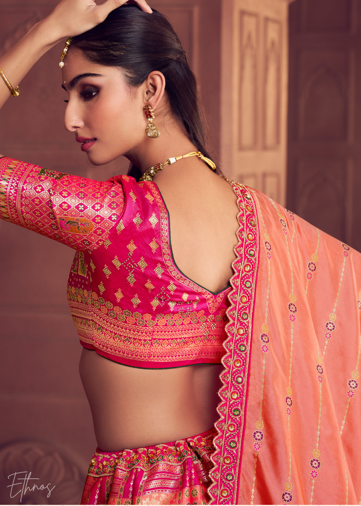 Shaded Pink-Peach Banarasi Silk Lehenga