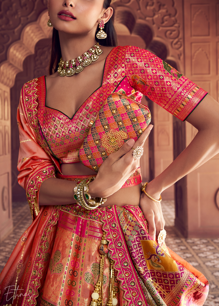 Shaded Pink-Peach Banarasi Silk Lehenga