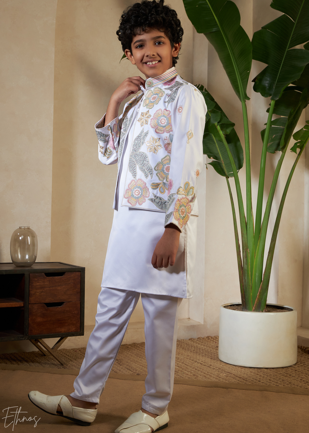 White Embroidered Jacket With Satin Kurta Pajama