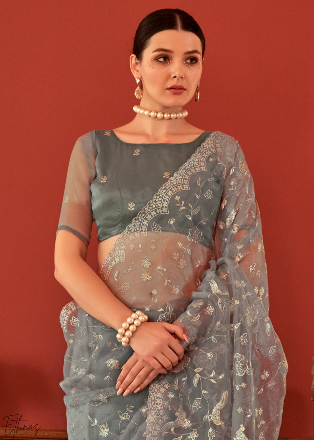 Silver-Ash Zari Embroidered Net Saree