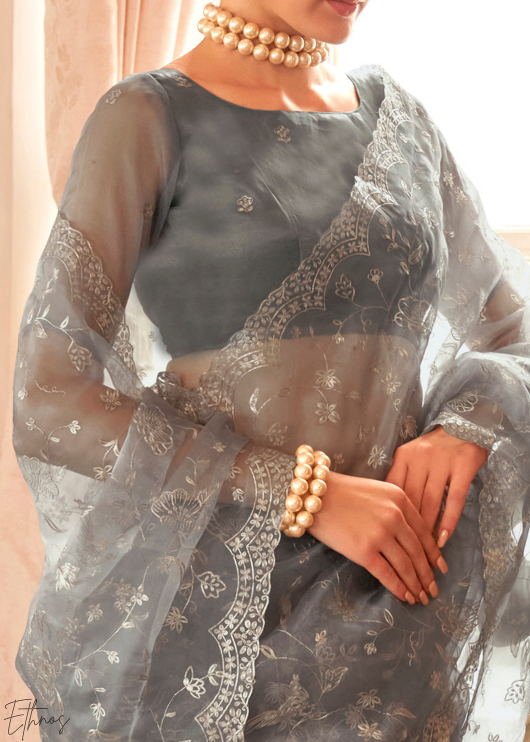 Silver-Ash Zari Embroidered Net Saree