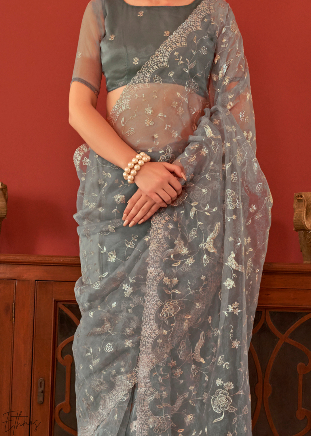 Silver-Ash Zari Embroidered Net Saree
