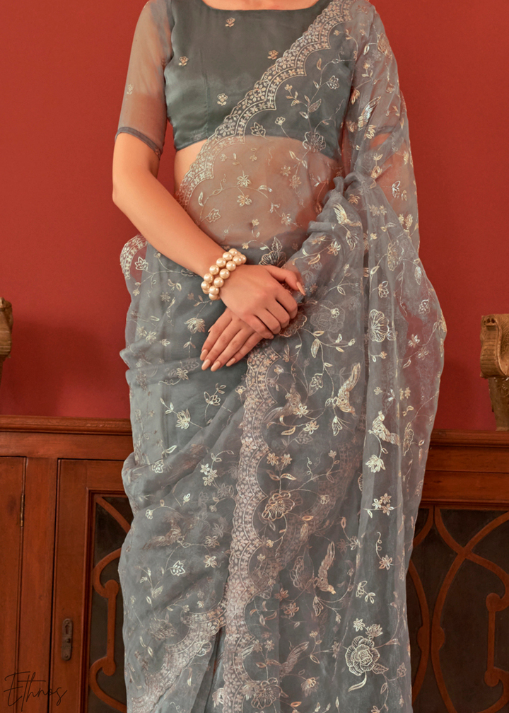 Silver-Ash Zari Embroidered Net Saree
