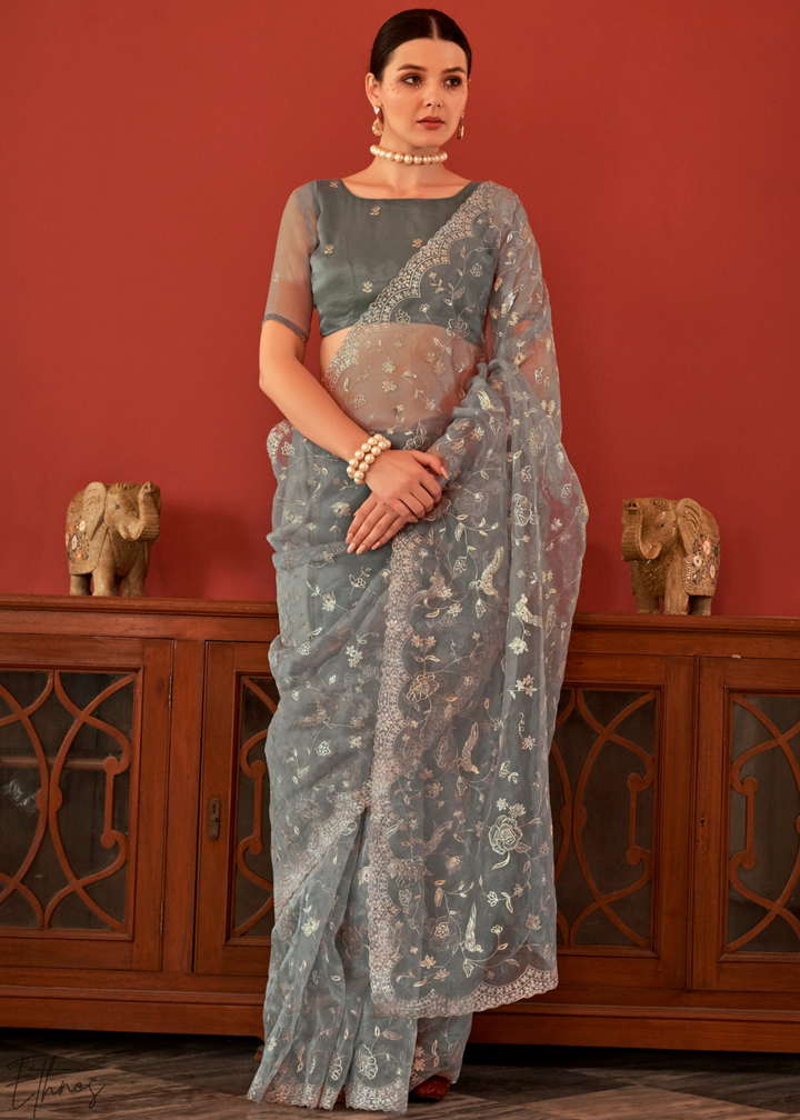 Silver-Ash Zari Embroidered Net Saree