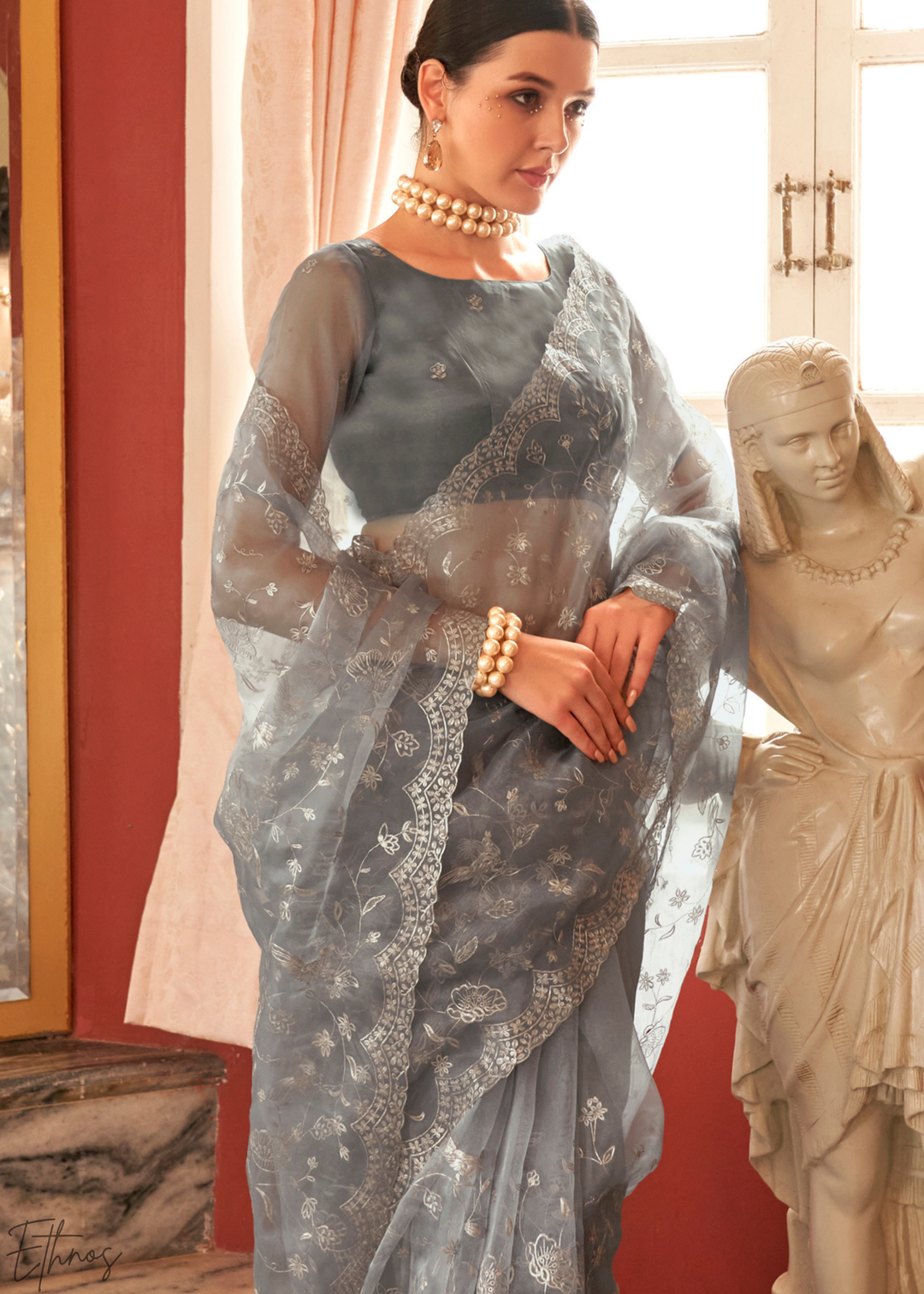 Silver-Ash Zari Embroidered Net Saree