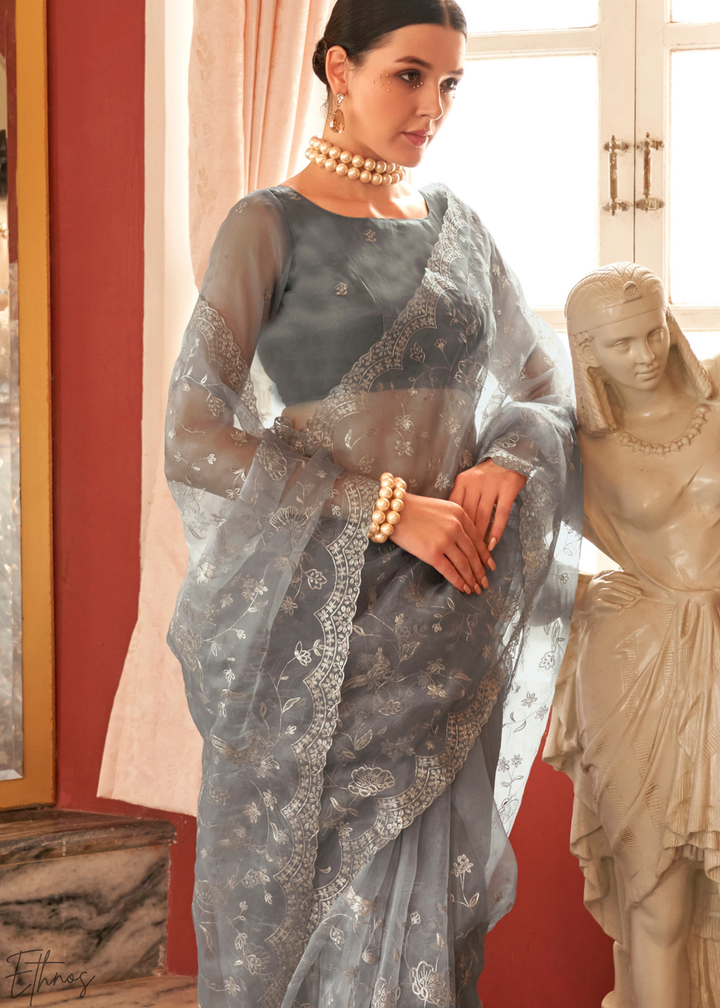 Silver-Ash Zari Embroidered Net Saree