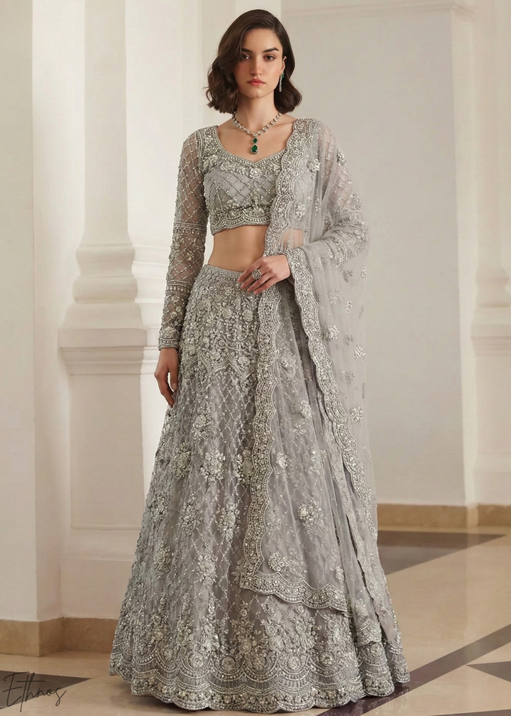 Silver Grey All-Over Sequin Embroidered Net Lehenga Choli
