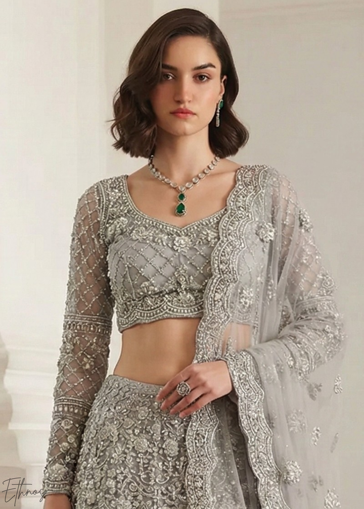 Silver Grey All-Over Sequin Embroidered Net Lehenga Choli