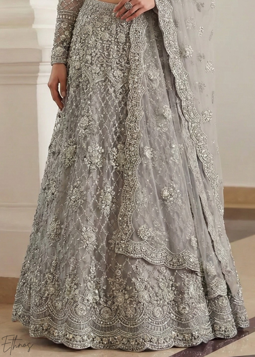 Silver Grey All-Over Sequin Embroidered Net Lehenga Choli