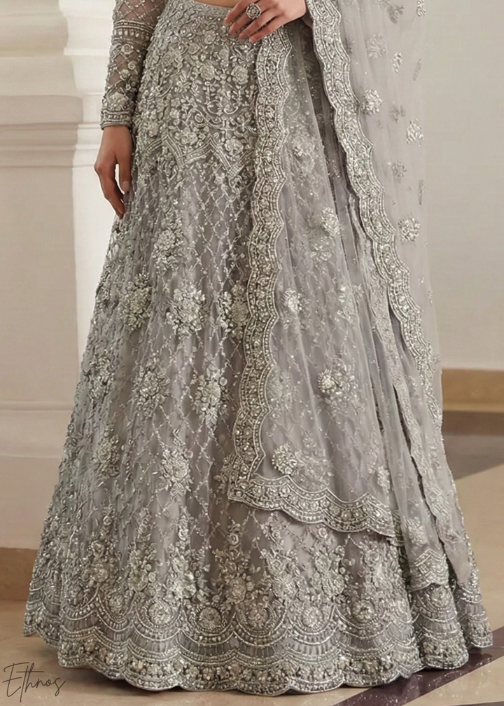 Silver Grey All-Over Sequin Embroidered Net Lehenga Choli