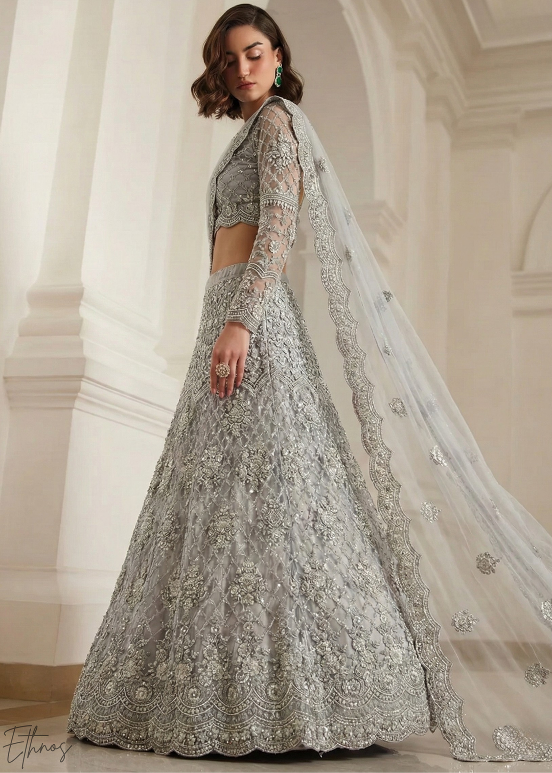 Silver Grey All-Over Sequin Embroidered Net Lehenga Choli