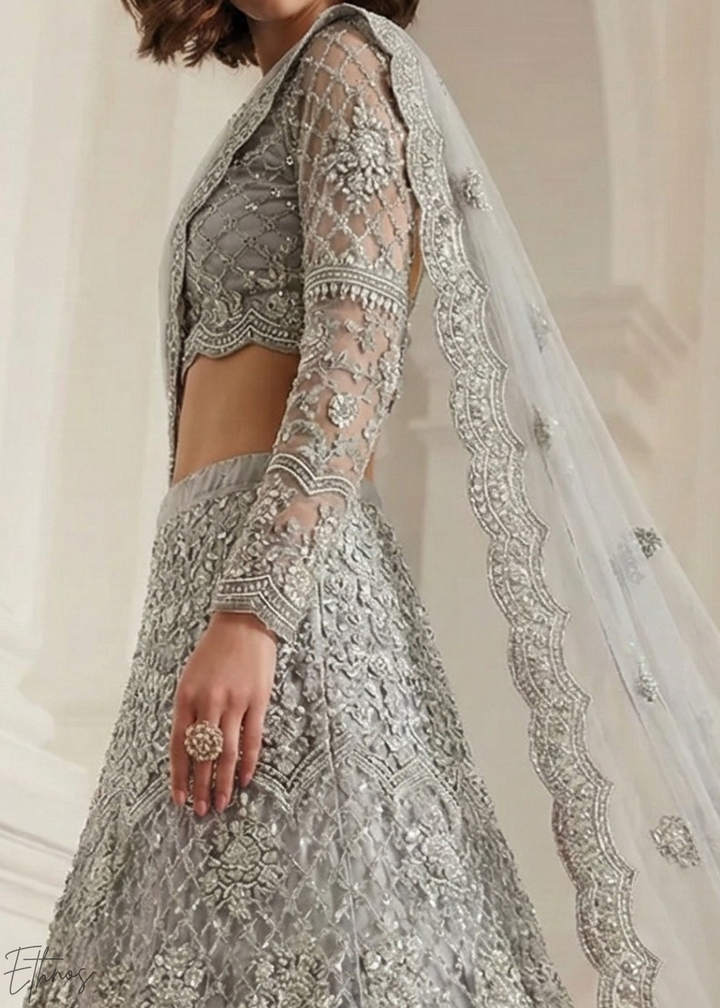 Silver Grey All-Over Sequin Embroidered Net Lehenga Choli