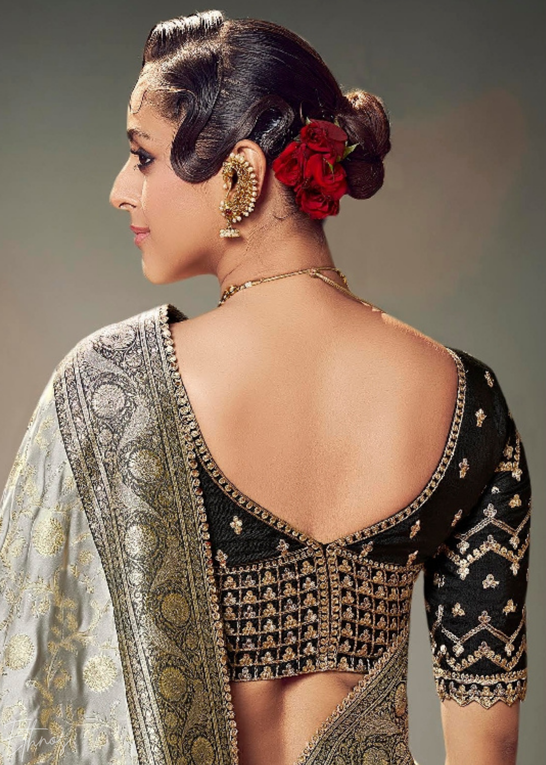 Silver Grey Allover Floral Brocade Satin Silk Saree