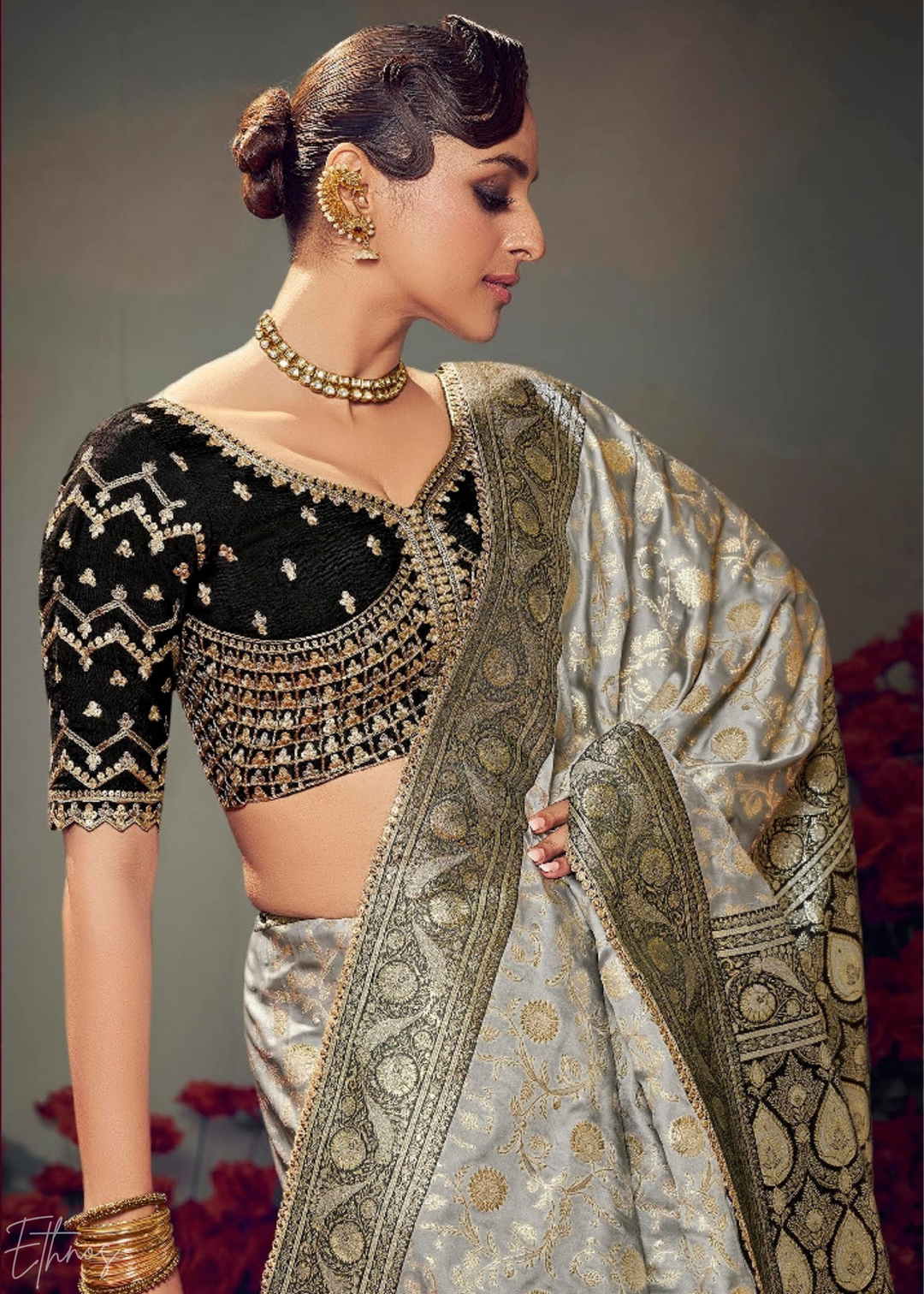Silver Grey Allover Floral Brocade Satin Silk Saree