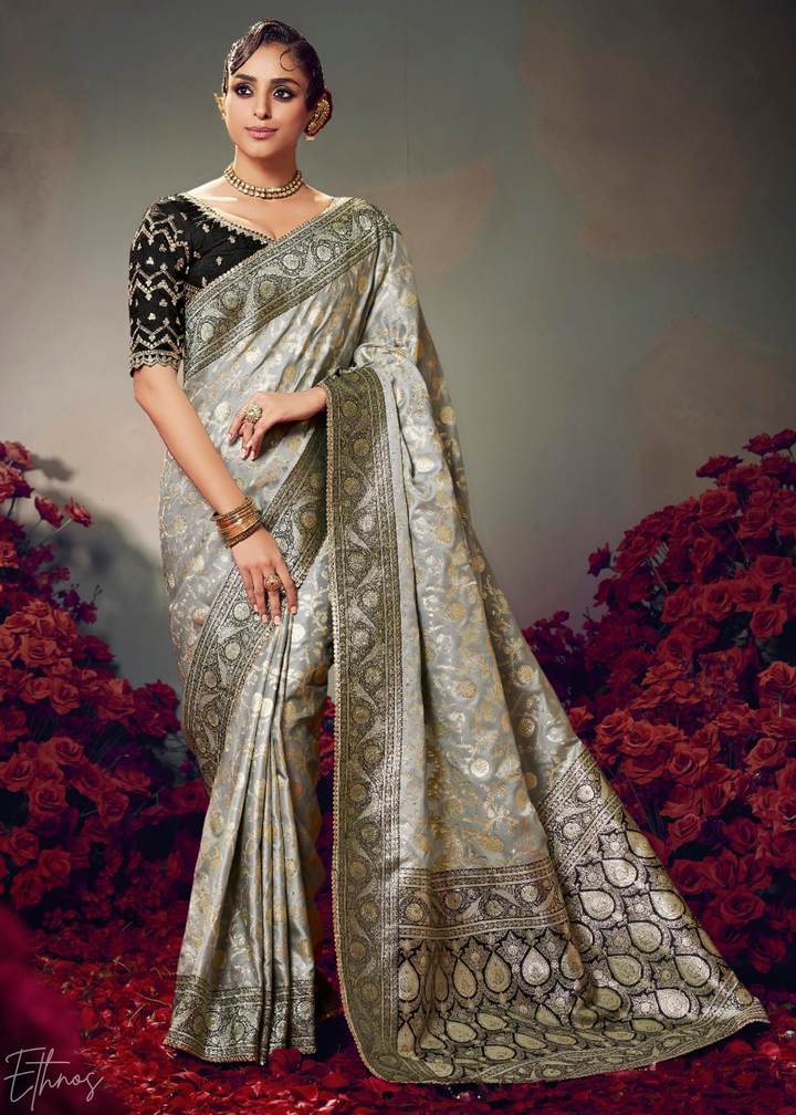 Silver Grey Allover Floral Brocade Satin Silk Saree