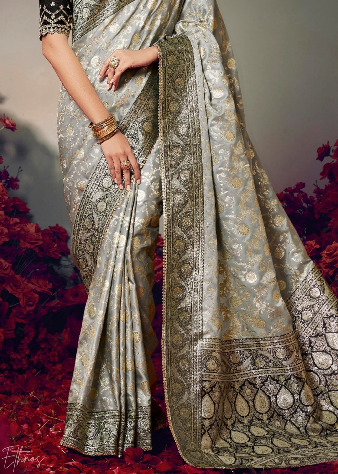 Silver Grey Allover Floral Brocade Satin Silk Saree