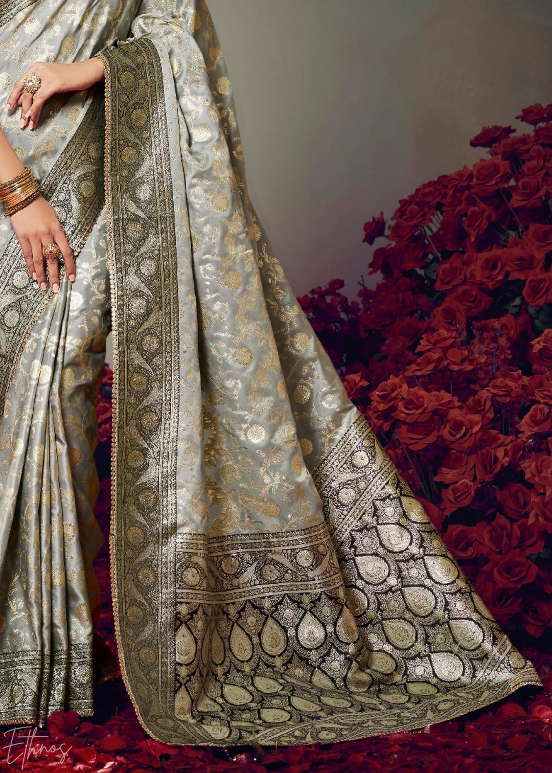 Silver Grey Allover Floral Brocade Satin Silk Saree