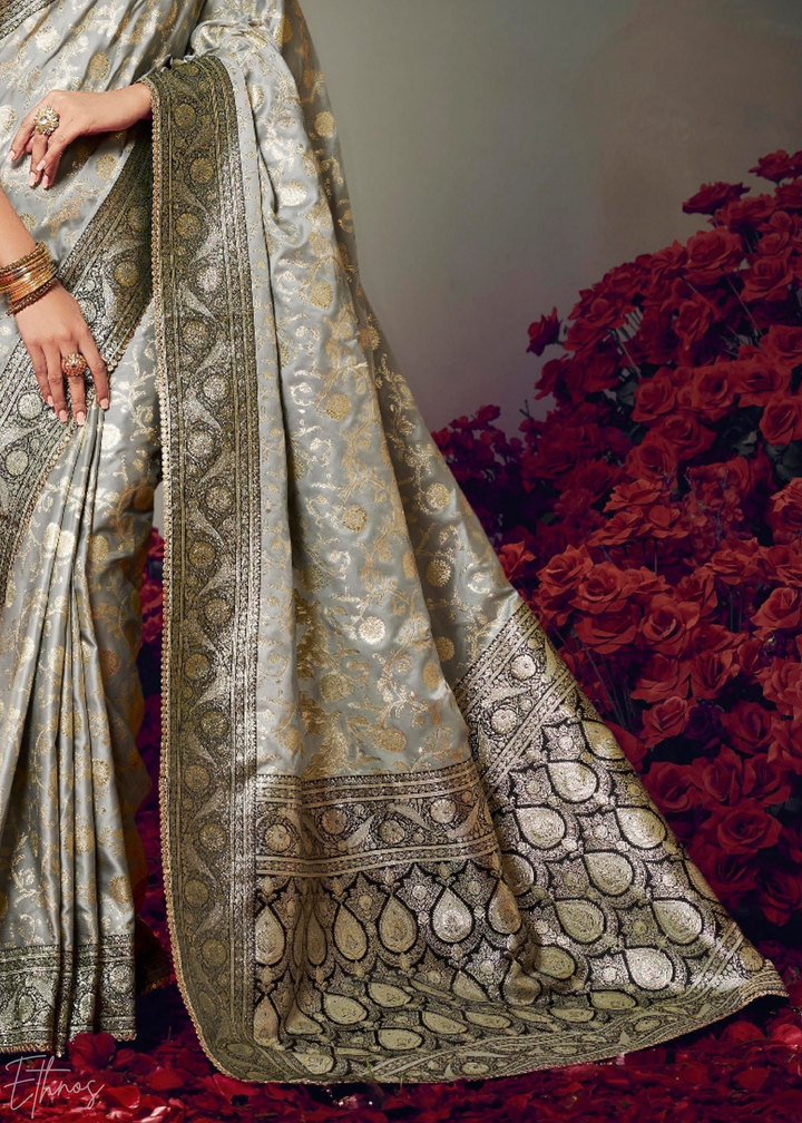 Silver Grey Allover Floral Brocade Satin Silk Saree