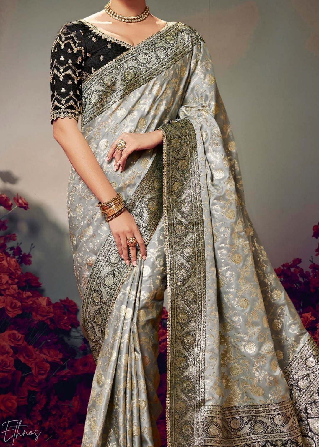 Silver Grey Allover Floral Brocade Satin Silk Saree