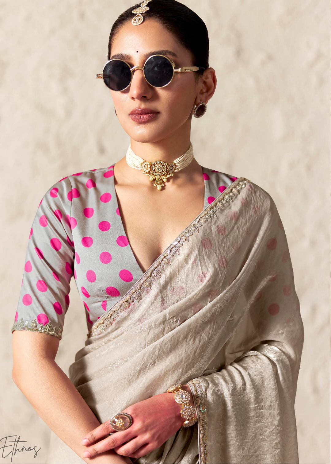 Silver Grey Embroidered Glass Tissue Designer Saree