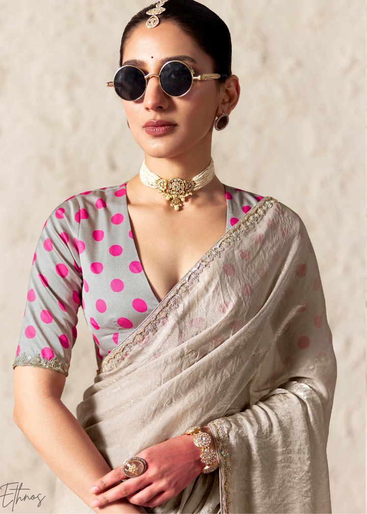 Silver Grey Embroidered Glass Tissue Designer Saree