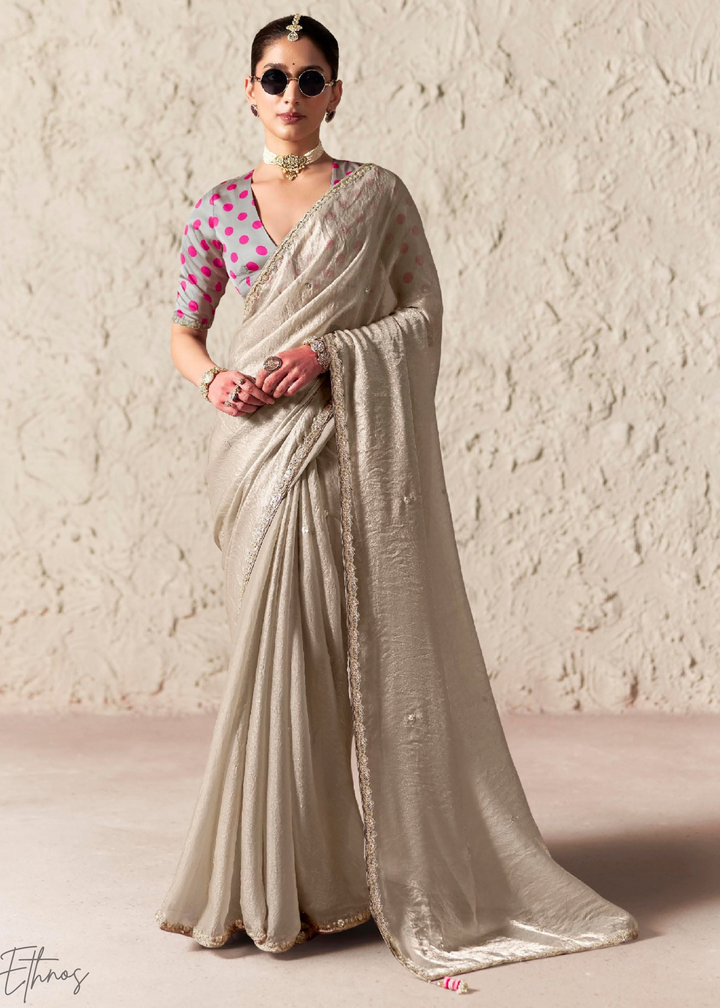 Silver Grey Embroidered Glass Tissue Designer Saree