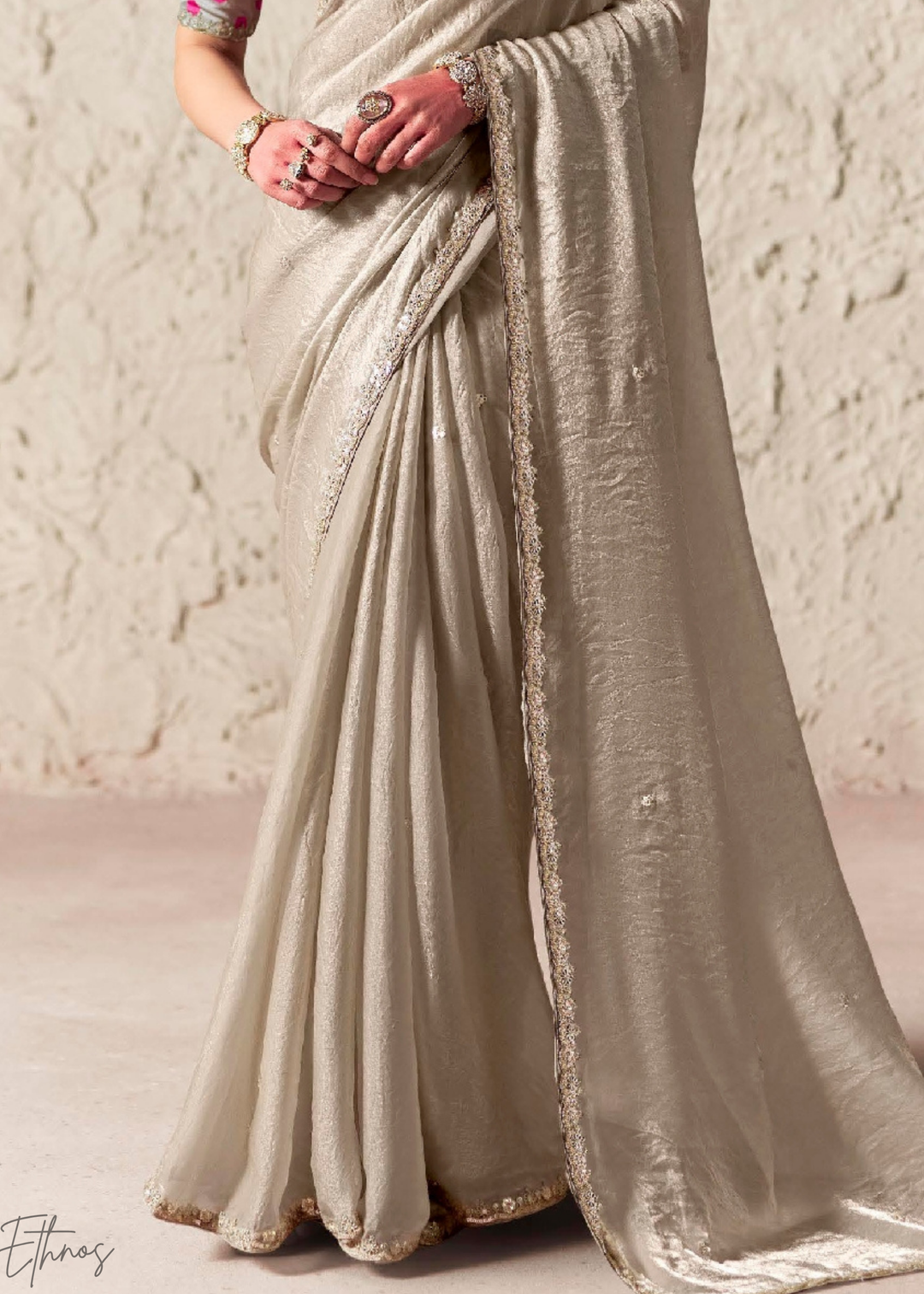 Silver Grey Embroidered Glass Tissue Designer Saree