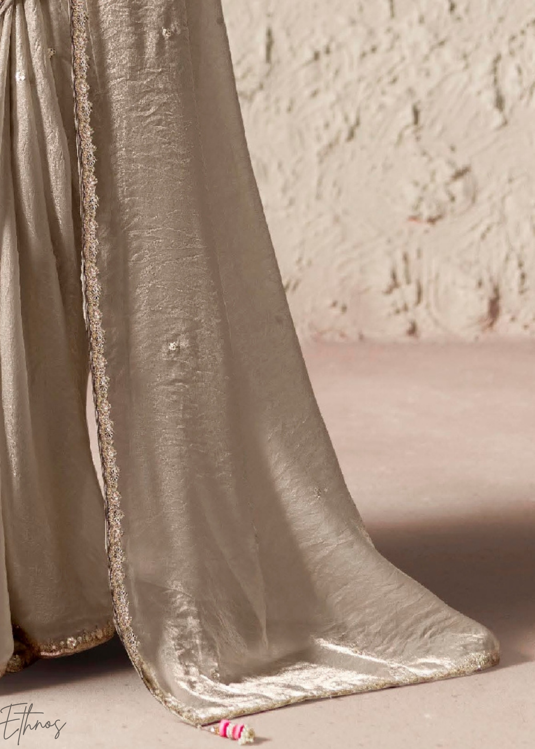 Silver Grey Embroidered Glass Tissue Designer Saree