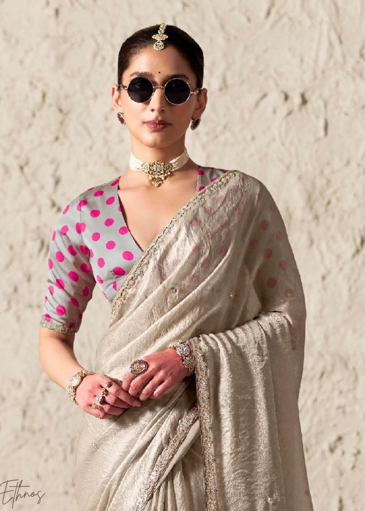 Silver Grey Embroidered Glass Tissue Designer Saree