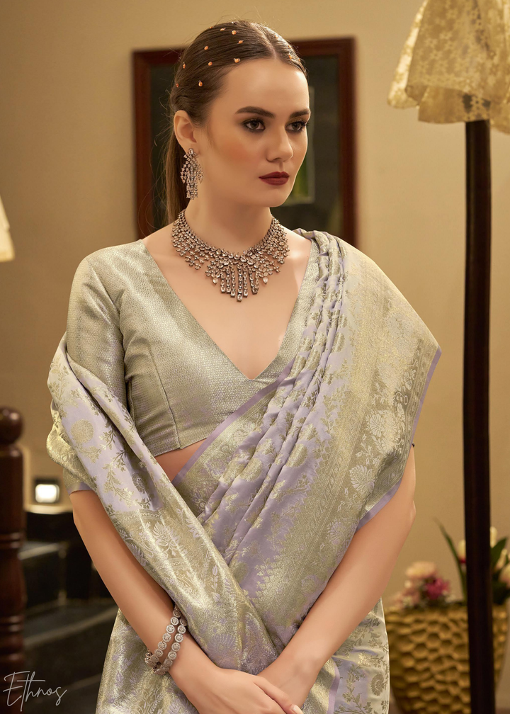 Silver Peony Iridescent Woven Satin Silk Saree