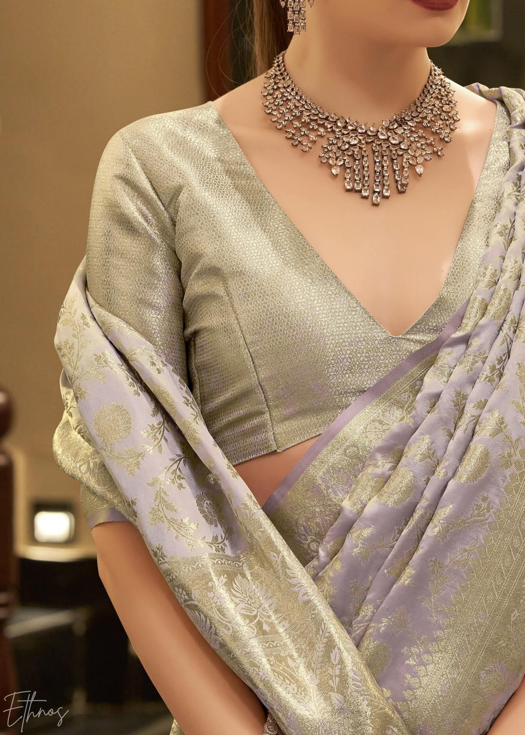 Silver Peony Iridescent Woven Satin Silk Saree
