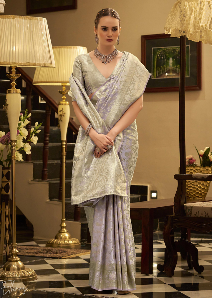 Silver Peony Iridescent Woven Satin Silk Saree