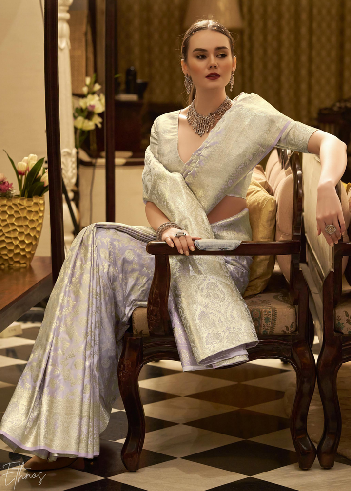 Silver Peony Iridescent Woven Satin Silk Saree