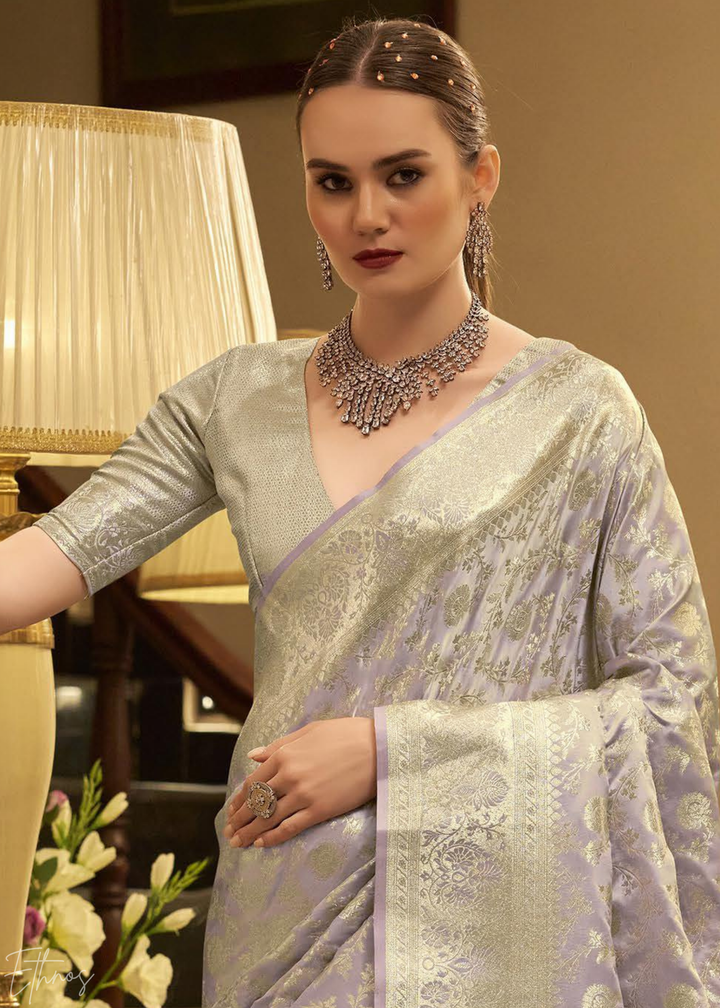 Silver Peony Iridescent Woven Satin Silk Saree