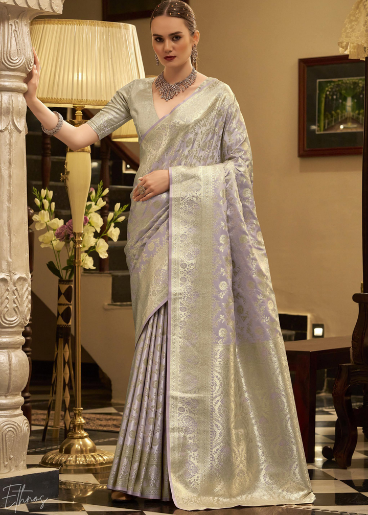 Silver Peony Iridescent Woven Satin Silk Saree