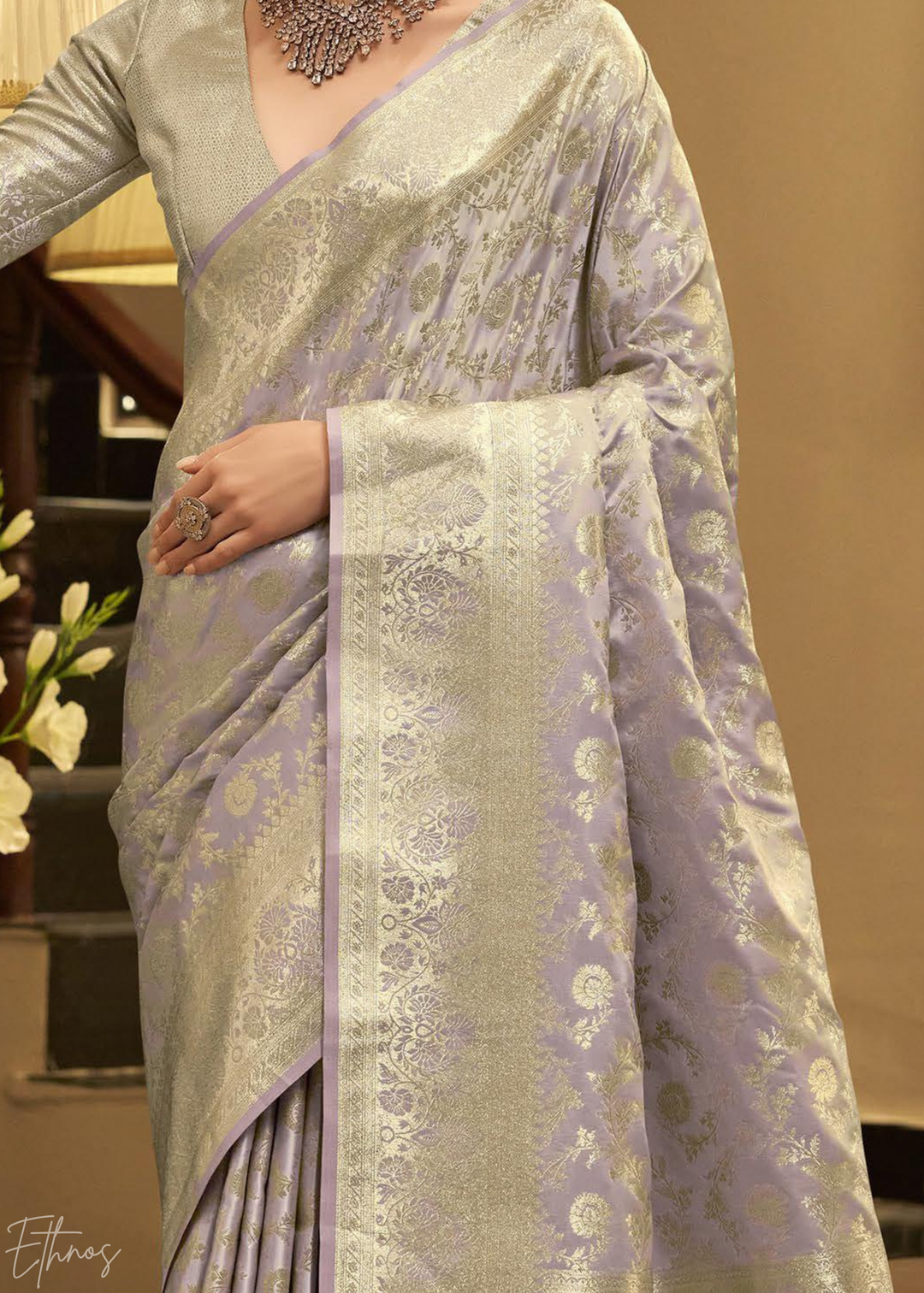 Silver Peony Iridescent Woven Satin Silk Saree