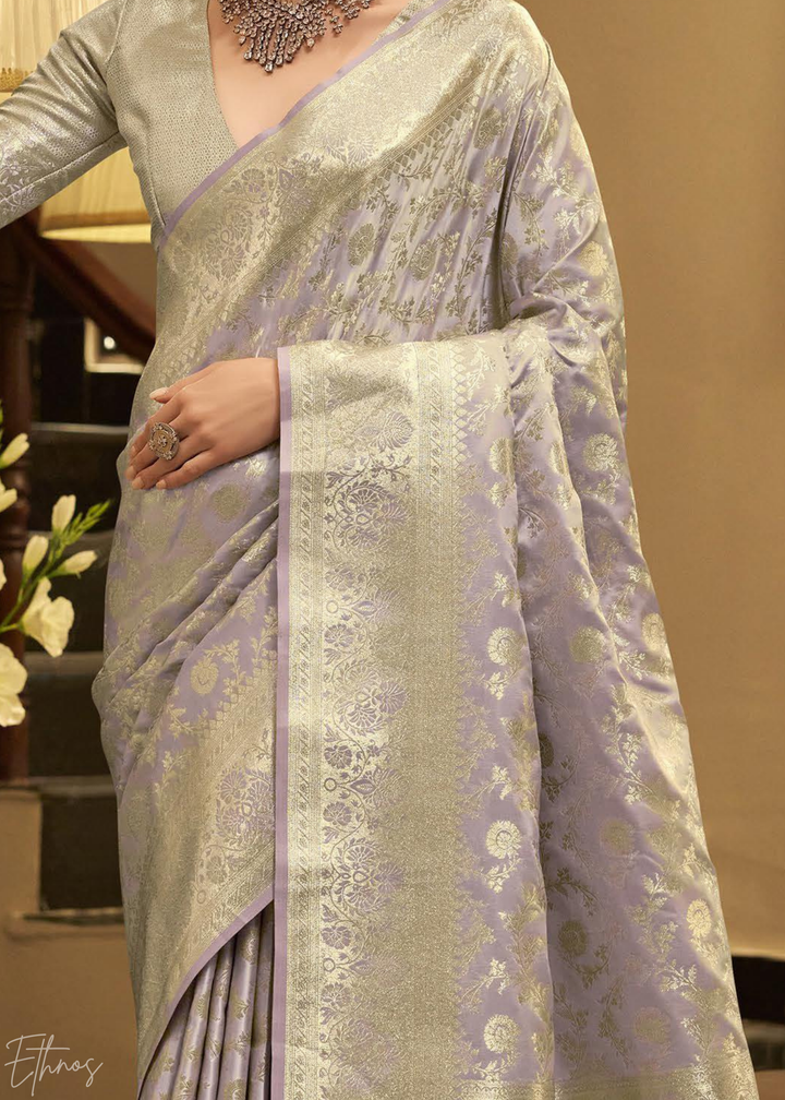 Silver Peony Iridescent Woven Satin Silk Saree