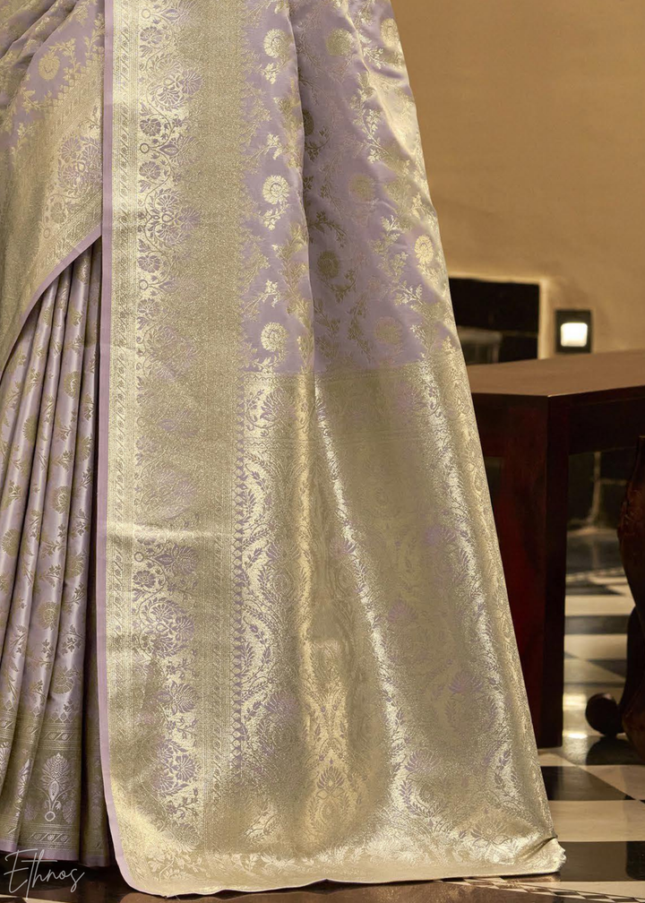 Silver Peony Iridescent Woven Satin Silk Saree