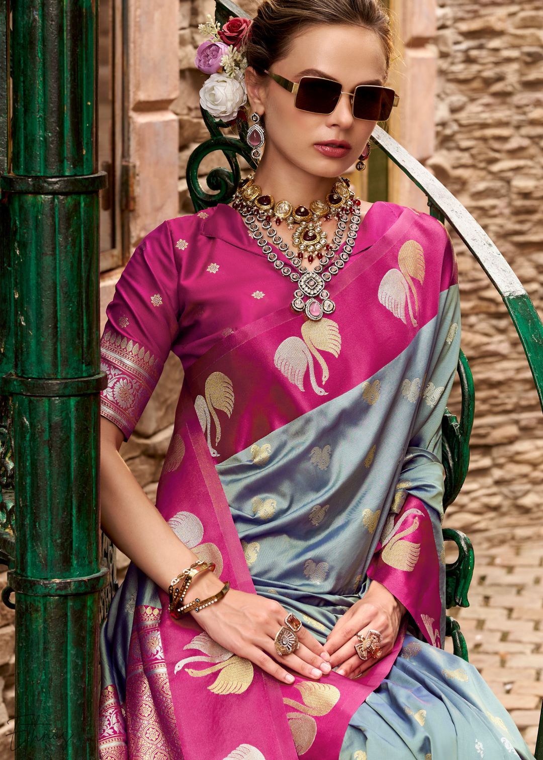 Silver Willow Ethereal Swan Satin Silk Saree