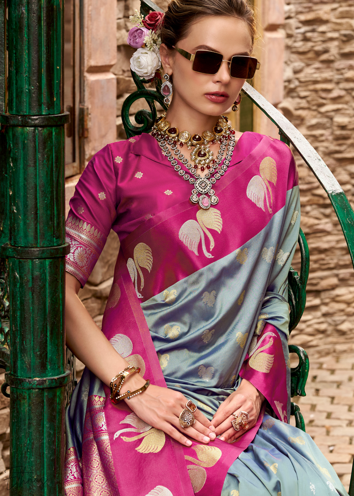 Silver Willow Ethereal Swan Satin Silk Saree