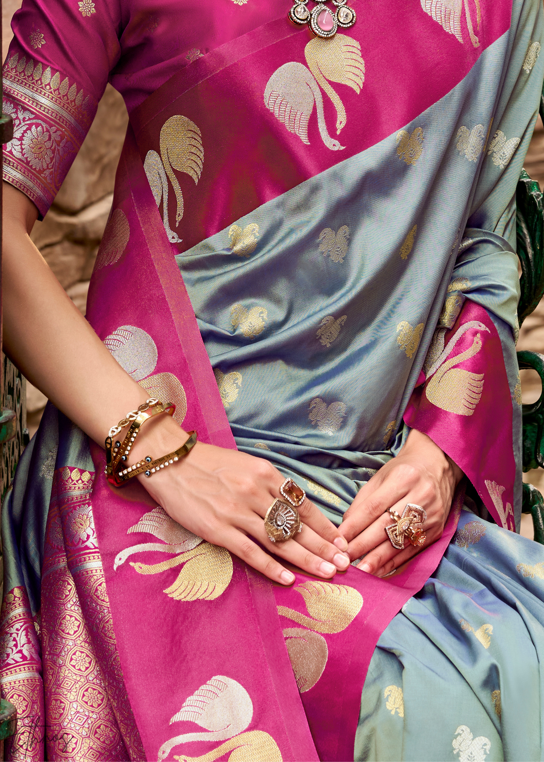 Silver Willow Ethereal Swan Satin Silk Saree