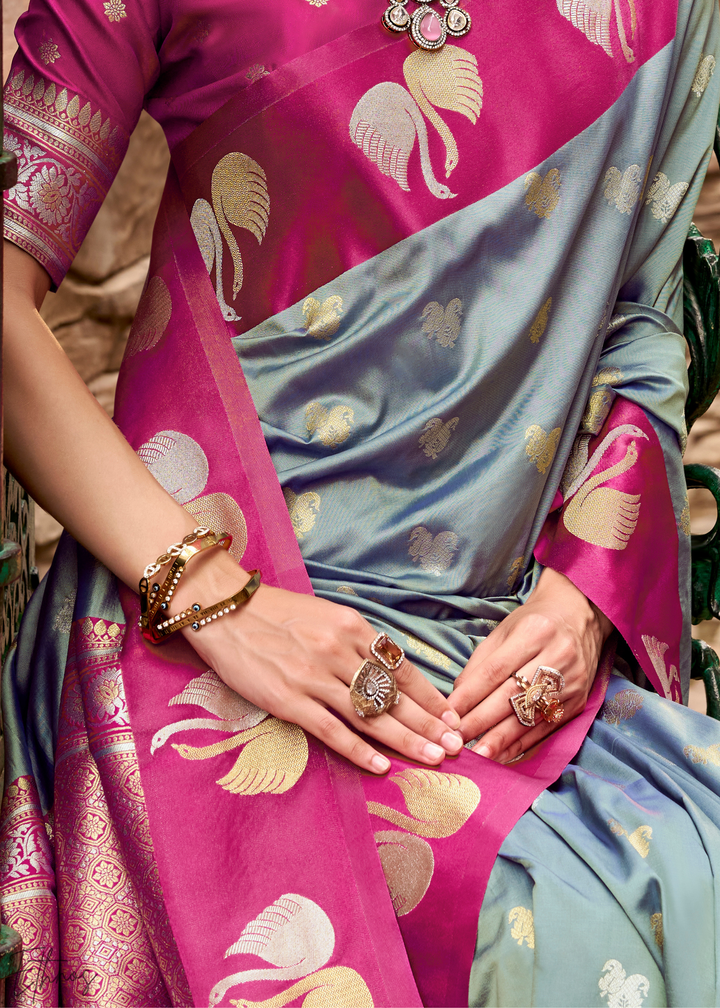 Silver Willow Ethereal Swan Satin Silk Saree