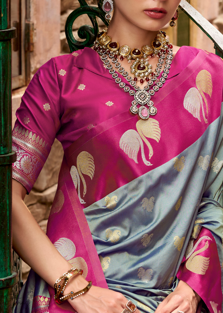 Silver Willow Ethereal Swan Satin Silk Saree