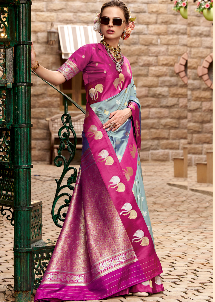 Silver Willow Ethereal Swan Satin Silk Saree